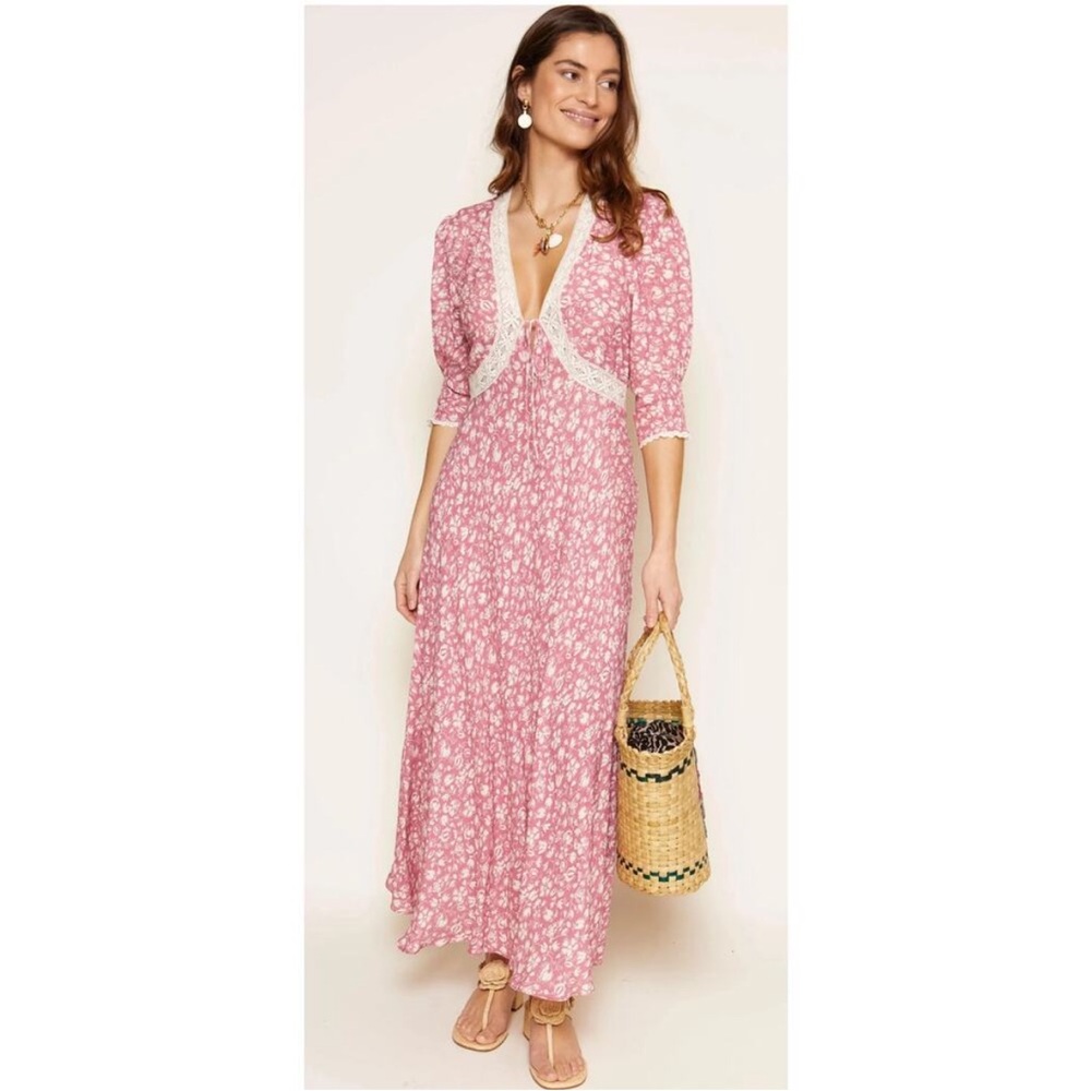 RIXO Pink Floral Lace-Trim Maxi Dress